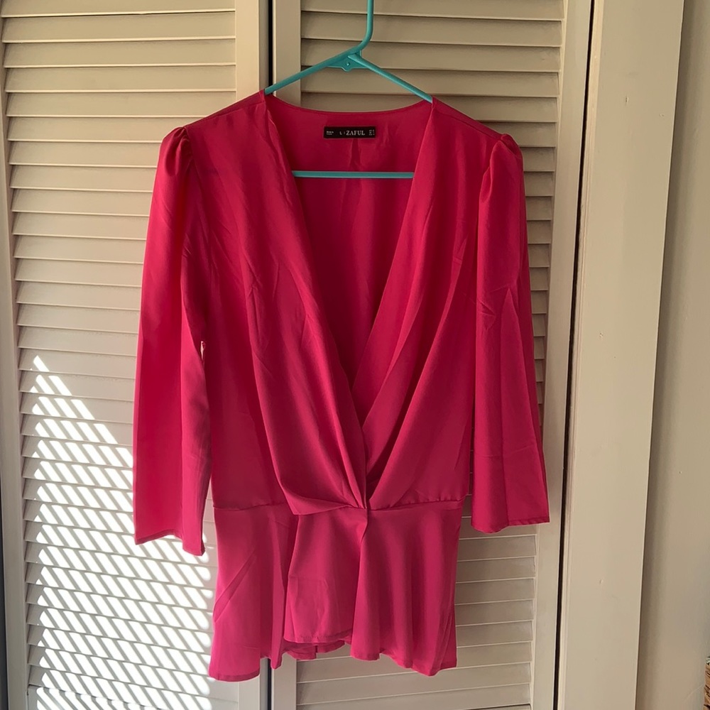 Hot pink wrap around 3/4 length blouse